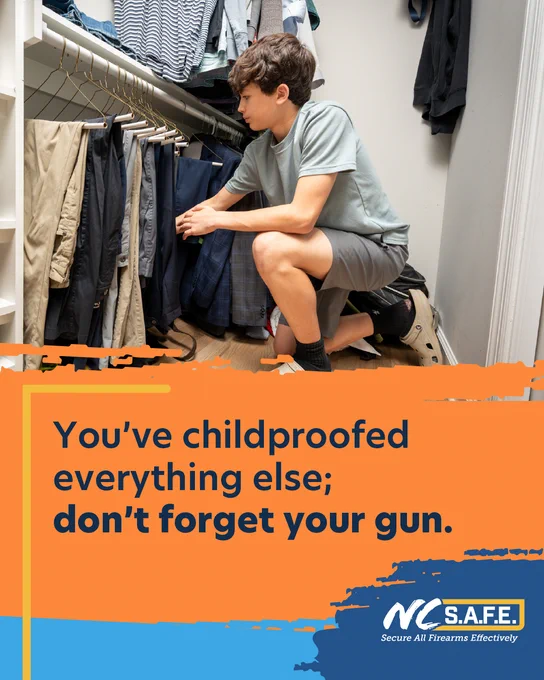 A boy looks through a closet. Text says "You've childproofed everything else; don't forget your gun."