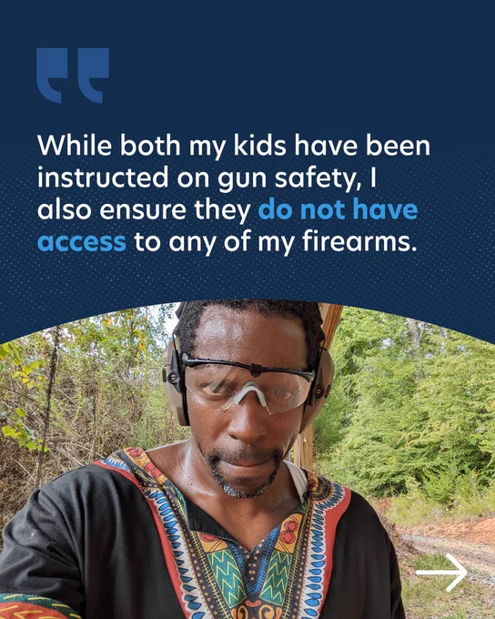 A man looks at the camera wearing protective ear and eye coverings. Text says "While both my kids have been instructed on gun safety, I also ensure they do not have access to any of my firearms."