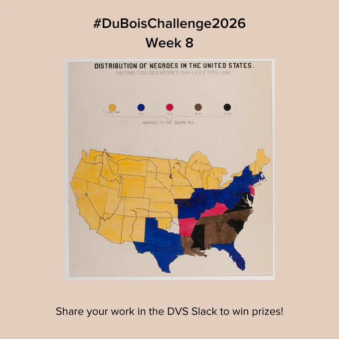 A portrait oriented visual (originally 22x28 inches) with a manila
background with black, gray text, titled: "DISTRIBUTION OF NEGROES IN
THE UNITED STATES." The subtitle in French "DISTRIBUTION DES NÈGRES DAN
LES ETATS UNIS." The visual has a legend with five categories: less
than 1 (yellow), 8-15 (brown), and 15-25 (black). These measures are
labeled "Negroes to the Square Mile". Below the legend is a map of the
US States colored according to the categories.