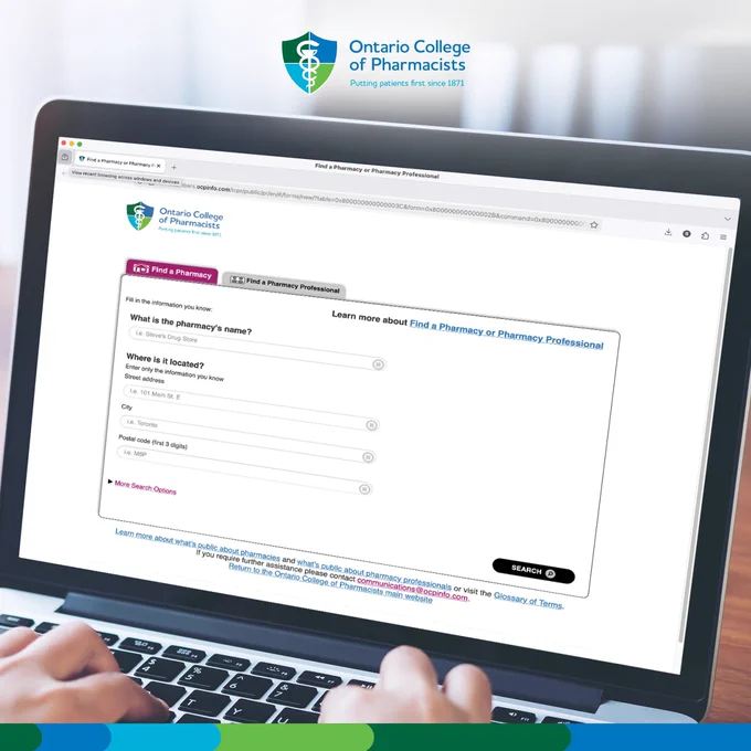 College logo appears with an image of a person searching the public register (Find a Pharmacy or Pharmacy Professional tool). 