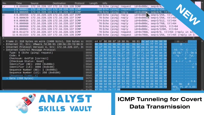 Examining artifacts of ICMP tunneling in Wireshark.