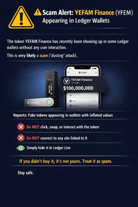 A warning-style graphic showing a Ledger hardware wallet and mobile interface with an unknown YEFAM (YFEM) token displaying an unusually high value. The design includes caution symbols and a dark cybersecurity-themed background, highlighting the risk of unsolicited tokens and potential scam activity targeting crypto wallet users.