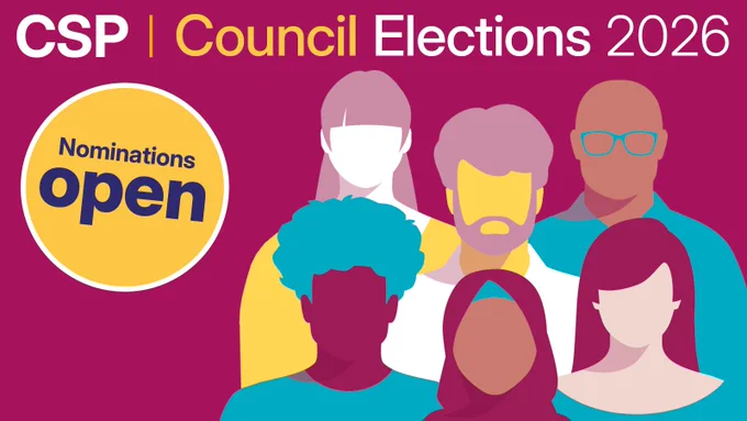 Pink graphic with six people and the text ‘CSP Council Elections 2026. Nominations open.’