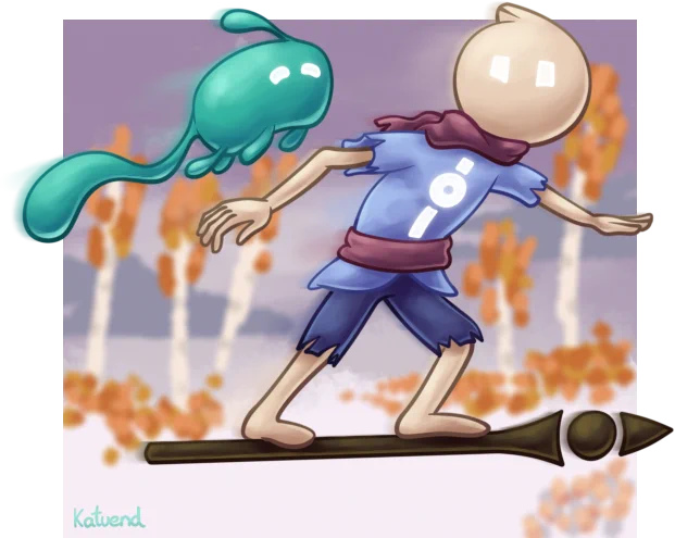 Two characters from the video game Omno are flying ahead, one is a flying mint creature with a long tail, and the main character is flying on their staff, they are looking to each other with squinted eyes indicating they are smiling. The background is a soft blur in the background of snow and birch trees.