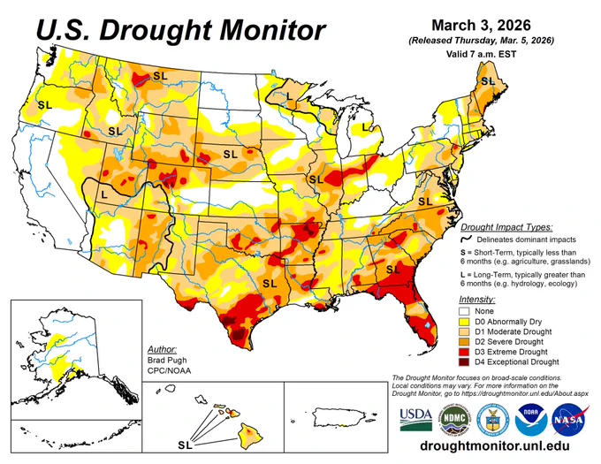 A US drought monitor from early March showing severe drought in parts of Texas and Oklahoma.