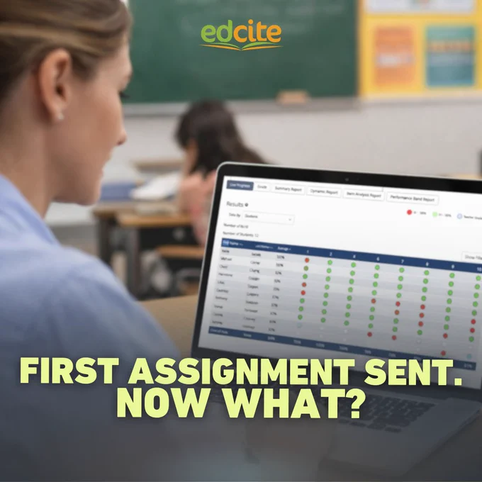 Edcite's Live Progress Report showing student performance data by question with real-time indicators after an assignment is sent