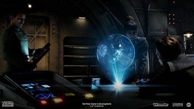 Three members of Zero Company huddle around a desk in a dimly-lit office. They're studying glowing, spherical, holographic map in the center.