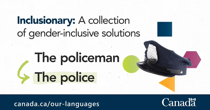 A police officer's cap in front of geometric shapes in different colours. The text reads as follows: Inclusionary: A collection of gender-inclusive solutions. At the bottom is the phrase "The policeman." Next to it is an arrow pointing to the phrase "The police."