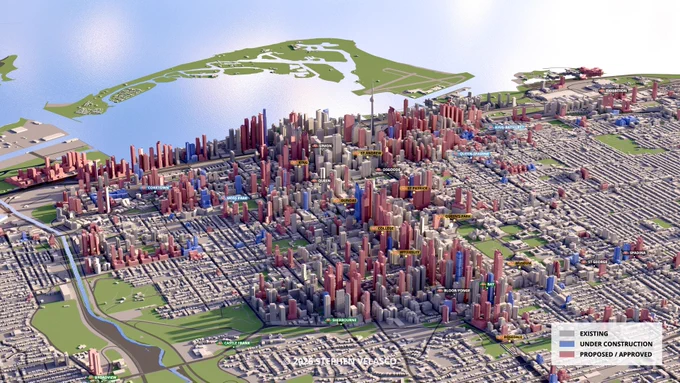 A 3D model of Downtown Toronto's future skyline, showing projects proposed, approved, and currently under construction.