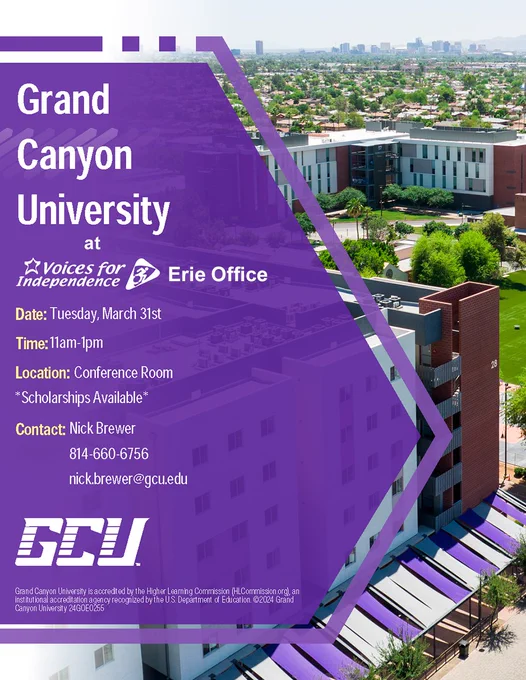 This image shows an aerial shot of a portion of the GCU campus, with all event information at left in white text, set inside an oblong purple pentagon to match GCU's colors. 