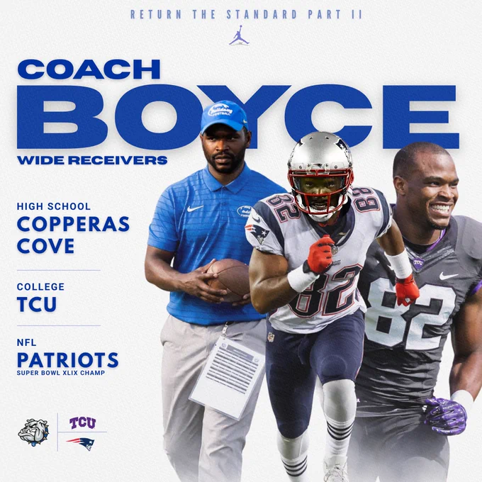 Graphic featuring Copperas Cove Wide Receivers Coach Joshua Boyce. The design highlights his football journey from Copperas Cove High School to TCU to the New England Patriots, where he was part of the Super Bowl XLIX championship team. The image includes layered photos of Boyce as a coach and as a player in both his TCU and Patriots uniforms on a clean white background with blue typography.