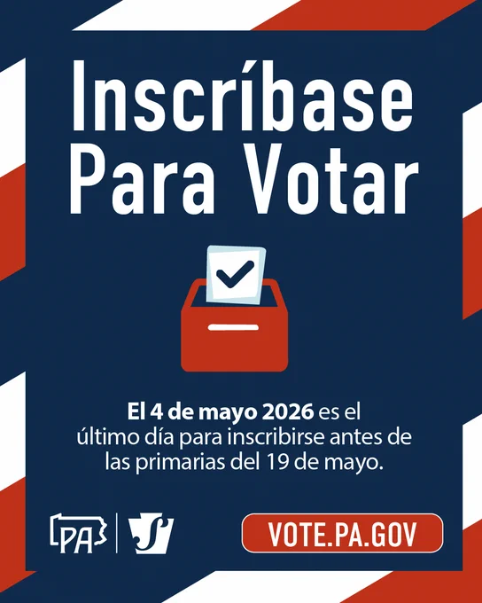 Red, white, and blue striped border. Spanish Text: Inscríbase para votar. El 4 de mayo 2026 es el último día para inscribirse antes de las primarias del 19 de mayo. 