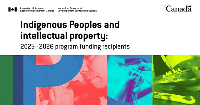 Collage showing a First Nations wood carver, a close-up of hands weaving a Métis sash and a close-up of an Inuit stone lamp called a qulliq. Text: Indigenous Peoples and intellectual property: 2025–2026 program funding recipients.