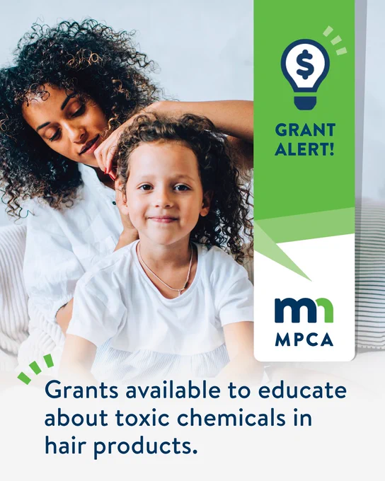 A mother brushes a child's hair. Text reads "grant alert! grants available to educate about toxic chemicals in hair products."