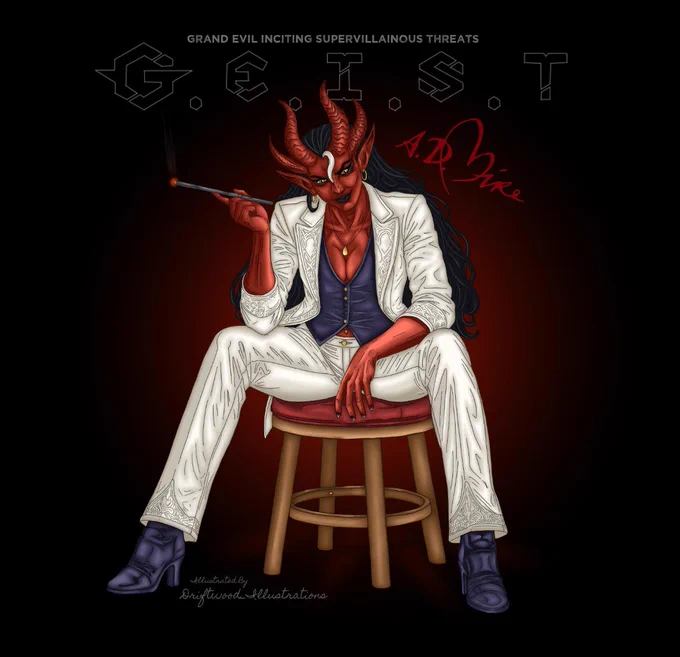 Art of a butch devil woman with red skin and long black hair with a white streak in the front. She wears a white suite jacket, matching white trousers, and a black waistcoat. She sits on a stool and twirls a cigarette in a holder, while smirking at the viewer. 