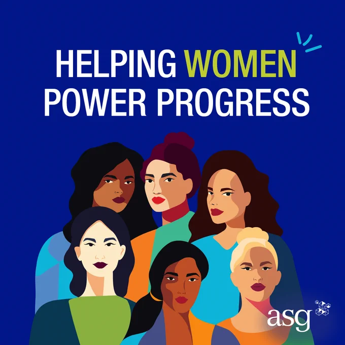 "Helping Women Power Progress."
A stylized drawing of six women of various ethnicities on a dark blue background.