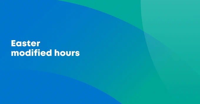 A blue and green gradient graphic advertising modified hours for easter weekend.