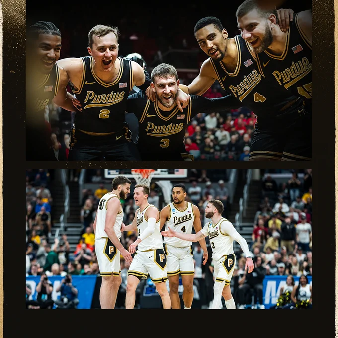 Top image: Five basketball players in black and gold Purdue jerseys are standing together, smiling on a court. Bottom image: Players on a basketball court wearing white uniforms, with one visible Purdue logo. A crowded stadium is in the background.