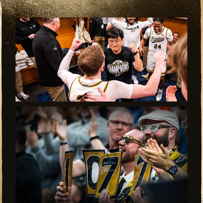 The image shows a celebratory scene in two parts. The top part features a basketball player wearing a "Purdue" jersey interacting with a fan wearing a "Champions" shirt in a locker room, with other players visible in the background. The bottom part depicts fans in a crowd holding signs displaying the numbers "1,077." The fans wear glasses with "Purdue" branding.