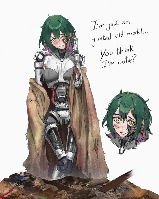 Image shows a robot girl (android) that was scrapped, wrapped in tarps, asking the viewer if they think she is cute, despite being an old abandoned model