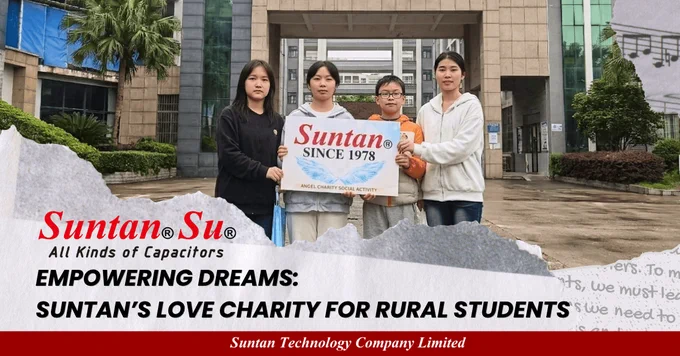 Suntan charity activity supporting rural students, group holding Suntan sign in front of school building, promoting education support and corporate social responsibility