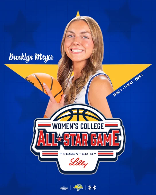 A graphic features women’s basketball player Brooklyn Meyer smiling while holding a basketball. She is wearing a white jersey in front of a large yellow star on a blue background. Her name, “Brooklyn Meyer,” appears in white script to the left. Below her is the logo for the “Women’s College All‑Star Game,” presented by Lilly, with the game date and time “April 4 · 1 PM CT · ESPN 2” written along the right side of the star.
