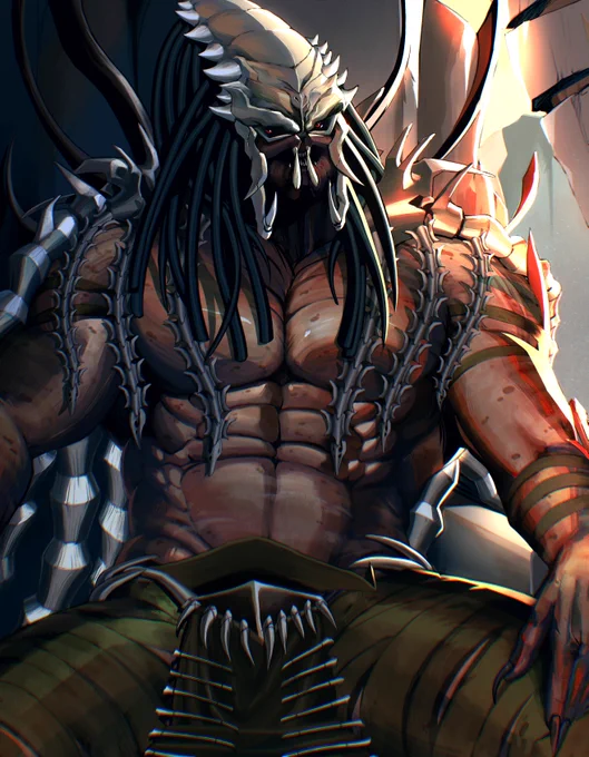 A vertically oriented digital drawing of the Warlord Predator from Predator: Killer of Killers. He is sat with his legs spread on a rock throne in shadow, its back to the sun against an alien desert background. 