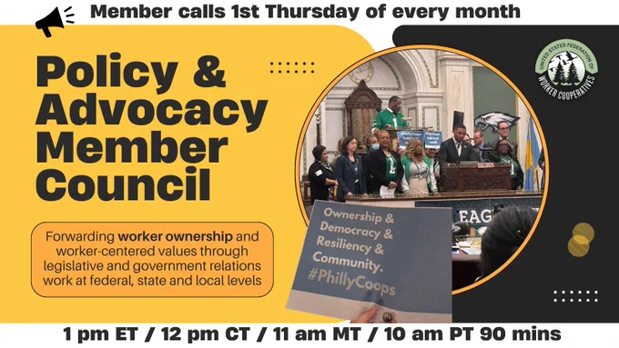 Photo of people standing at a podium talking in the Philadelphia City Council. Text reads Policy & Advocacy Council for worker cooperatives. 