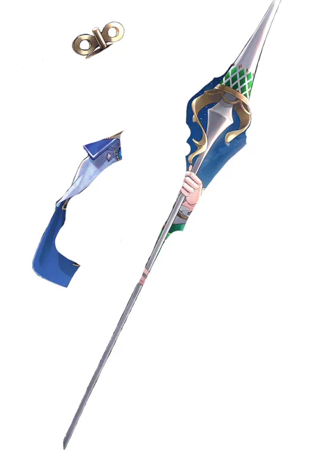 A lance being hold, part of a cape and a winding key in a black background