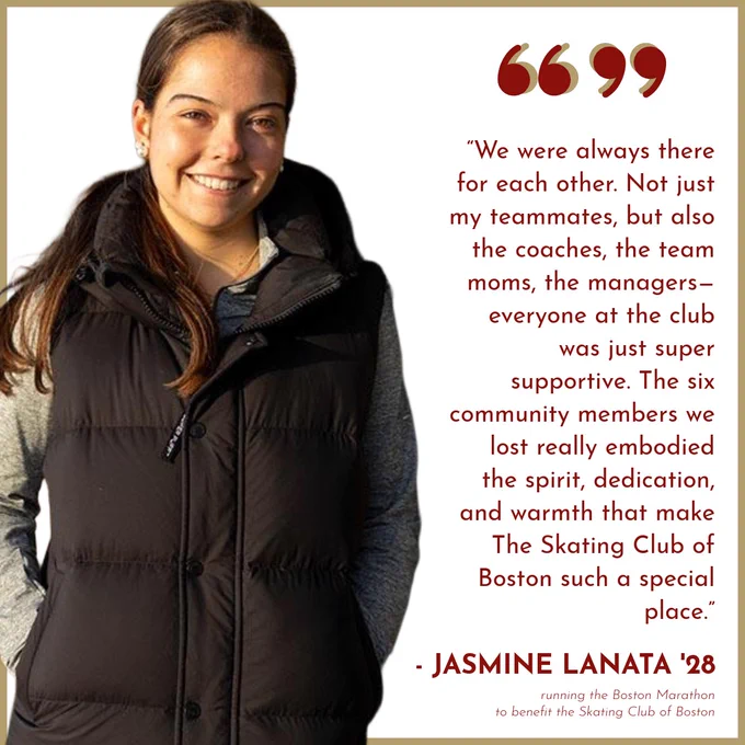 A person is smiling, wearing a black vest. There is a quote next to the person expressing gratitude for the support from teammates, coaches, and community members at the Skating Club of Boston. The quote is attributed to Jasmine Lanata, who participated in the Boston Marathon to benefit the club.