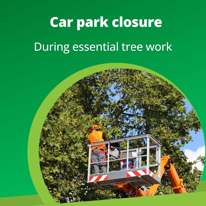 Green TMBC graphic box which states 'Car Park Closure - during essential tree work' There is a picture of a worker in a hard hat, attending to a tree from a scissor lift.
