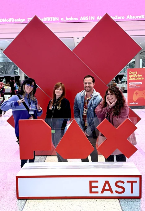 BucklingGoblin MsHoboslayer Aarondamigos & Kiwisnstars pose for a pic in front of the PAX East sign!