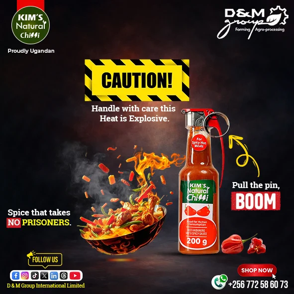 KIM's Natural Chilli sauce is made out of Red Ripe habanero peppers and it's an extremely hot sauce suitable on all meals or used as spice.
It's a product of D & M Group International Limited, the producers of KIM's Natural Tomato Ketchup and KIM's Natural Chilli oil. Proudly Ugandan.