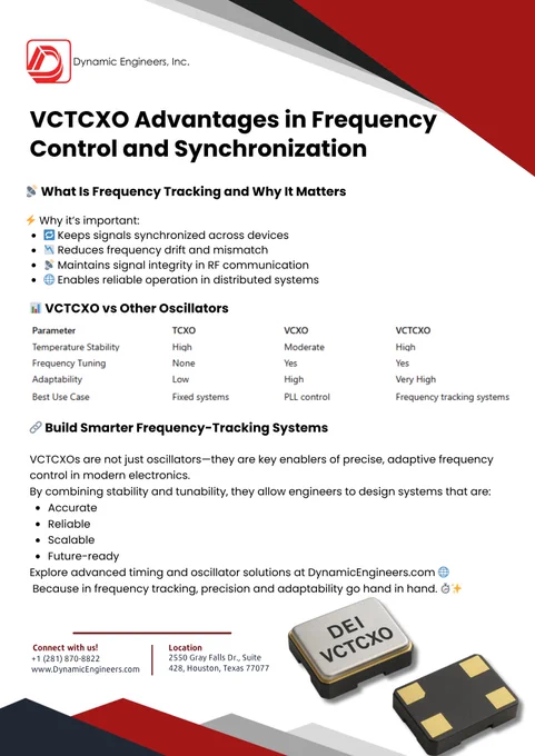 Infographic explaining VCTCXO advantages in frequency control and synchronization, including reduced frequency drift, real-time tuning capability, high temperature stability, and improved signal alignment across RF and distributed systems.