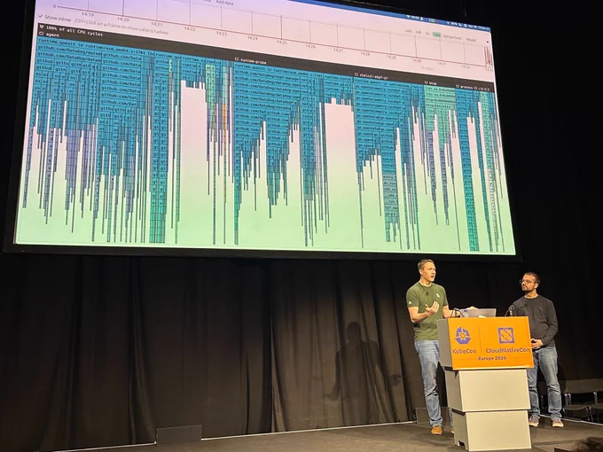 Florian Lehner and Felix Geisendörfer presenting "The Fourth Pillar Arrives: OpenTelemetry Profiling Alpha in Action" at KubeCon EU