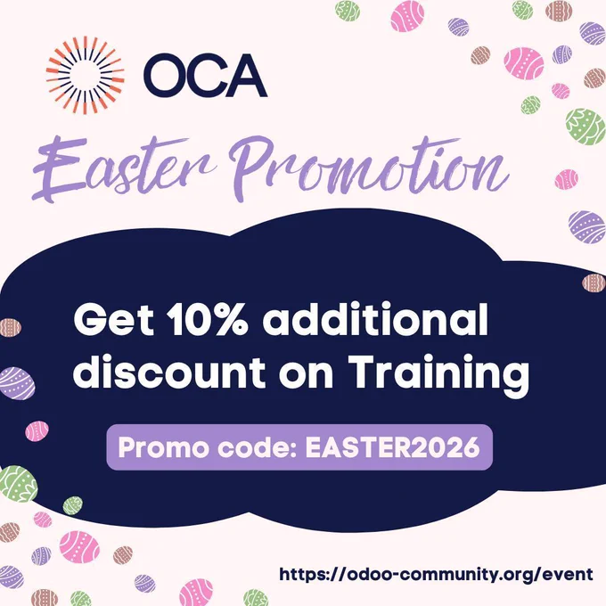 OCA Easter Promotion
Get 10% additional discount on Training
Promo code: EASTER2026
https://odoo-community.org/event