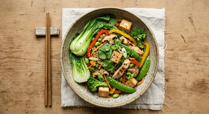 A top-down photograph shows a ceramic bowl of stir-fried vegetables and chicken on a wooden table. The stir-fry includes baby bok choy, sugar snap peas, shiitake mushrooms, bell peppers, broccoli, and tofu. Wooden chopsticks rest on a chopstick holder to the left of the bowl, which is on a linen napkin.