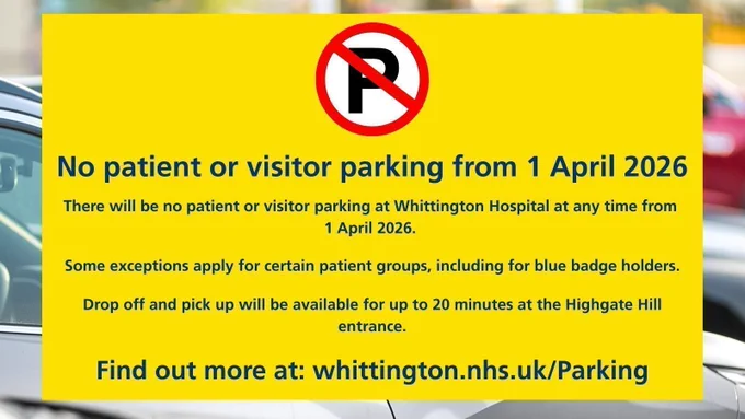 From 1 April 2026, parking on the Whittington Hospital site will change.

Patient and visitor parking on site will no longer be available, except for blue badge holders and specific national exemption groups, including parents of children staying overnight and some frequent outpatient attenders.

Drop off and pick up will still be available for up to 20 minutes.

We are making this change because we are losing around 40 percent of our parking spaces due to redevelopment on land next to the hospital. We are not able to replace these spaces locally.

We understand this will be disappointing for some people. Full details about who can still park and how to arrange this are available on our website.