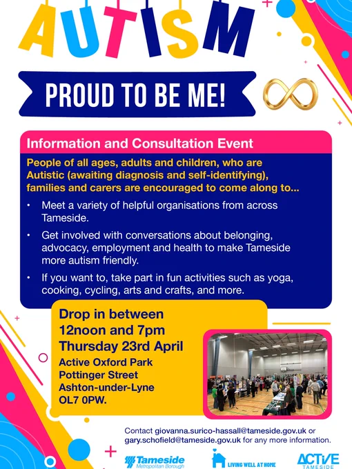 Flyer for an autism information and consultation event. The title reads "Autism Proud to Be Me!" The event is described as a gathering for people of all ages, including those awaiting diagnosis or self-identifying as autistic, as well as carers. 