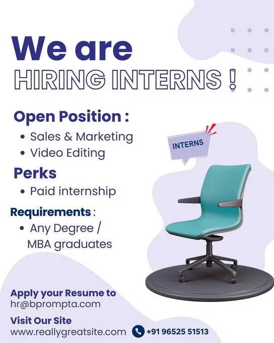 We’re Hiring Interns – Start Your Career With Us!
 Kickstart your career with a paid internship opportunity at Bprompta! We are looking for passionate and creative individuals for Sales & Marketing and Video Editing roles. Fresh graduates and MBA candidates are welcome to apply. Don’t miss this chance to gain real-world experience and grow with us.

 


hashtag#HiringInterns hashtag#InternshipOpportunity hashtag#PaidInternship hashtag#FreshersJobs hashtag#MarketingIntern hashtag#VideoEditingIntern hashtag#CareerStart hashtag#Bprompta hashtag#JobOpening hashtag#ApplyNow
