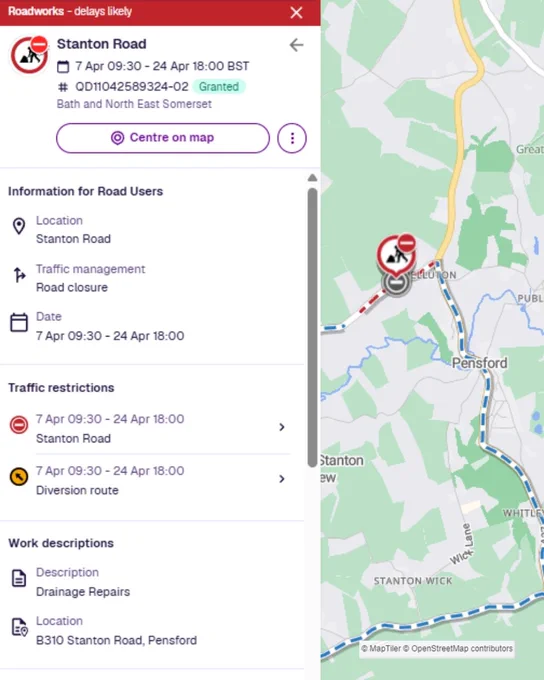 A map image showing the location of roadworks.