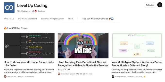 Screenshot of a Medium article about real-time hand and face tracking in the browser using MediaPipe, showing webcam-based gesture detection without backend or installation.