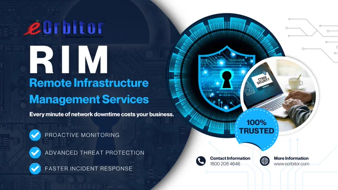 eOrbitor RiM service graphic. Cybersecurity shield on dark background. Remote Infrastructure Management Services with proactive monitoring, threat protection, and faster incident response. 100% Trusted badge.