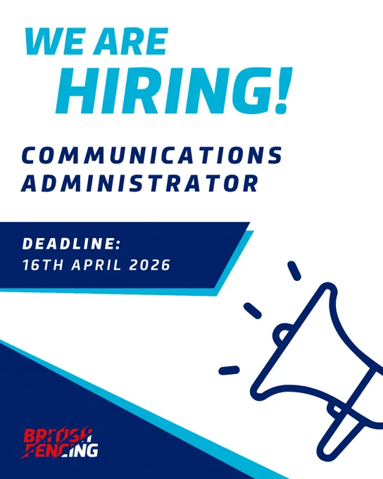 A white-navy-turquoise graphic that says 'we're hiring! Communications Administrator, deadline: 16th April 2026'. It has a blue megaphone graphic on it.