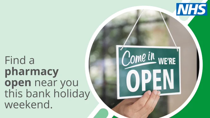 
A photo of somebody placing an ‘OPEN’ sign in a window. Text reads: Find a pharmacy open near you this bank holiday weekend.
