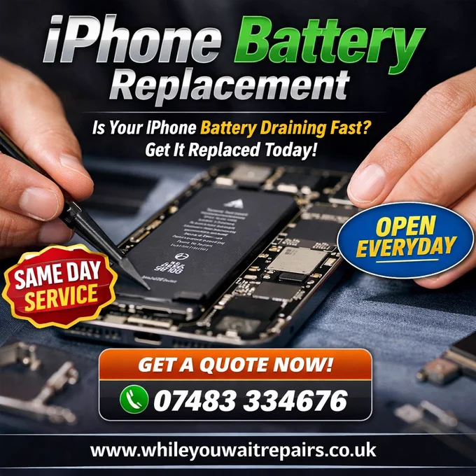 🔋 iPhone Battery Draining Fast in London? Get It Fixed Today!

Is your iPhone not lasting the day anymore?
Don’t let a weak battery slow you down.

At While You Wait Repairs, we offer fast, professional iPhone battery replacement with same-day service — so you can get back to full power without the wait.

✅ Genuine quality parts
✅ Same Day Service
✅ Open Everyday
✅ Walk in or book now

📞 Call Now: 07483 334676
🌐 www.whileyouwaitrepairs.co.uk

👉 Get your quote today and power up your iPhone instantly!

iPhone battery replacement London, phone repair near me, iPhone repair London, same day phone repair, battery replacement service

#iPhoneRepair #BatteryReplacement #PhoneRepairLondon #LondonBusiness #RepairShop #SameDayService #TechRepair #MobileRepair #LondonLife #SmallBusinessUK
