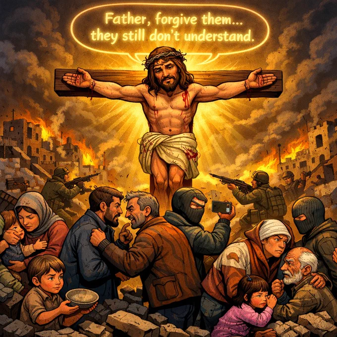 Emotional caricature of Jesus on the cross offering forgiveness while people below turn their backs amid war destruction, suffering civilians, and ongoing conflict. Powerful message of peace and forgiveness during Holy Week.

Emocionante caricatura de Jesús en la cruz ofreciendo perdón mientras la gente abajo les da la espalda en medio de la destrucción de la guerra, el sufrimiento de los civiles y el conflicto continuo. Un poderoso mensaje de paz y perdón durante la Semana Santa.