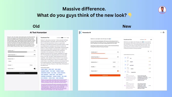 It isn't just a fresh coat of paint; the entire UX is being rebuilt to be actually useful:
🎨 Much cleaner, breathable layout (thanks to the recent UI component integrations).
📊 The messy word-replacement boxes are gone, replaced by a sleek "Transformations Applied" feed with confidence scores.
⚙️ Sliders and tone controls are significantly more intuitive.