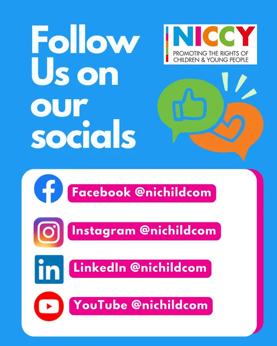 This is an infographic showing NICCY social media handles for Facebook, Instagram, LinkedIn and YouTube. You can search and follow @nichildcom for all these social media channels. 