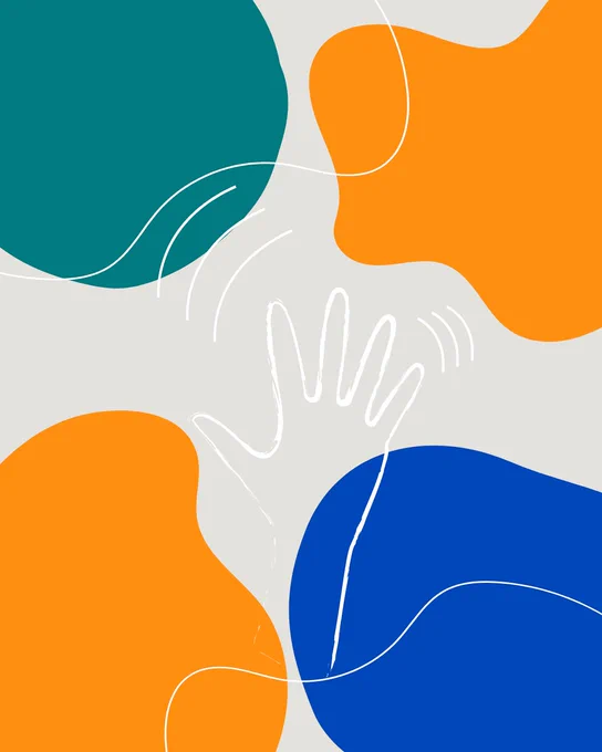 Abstrakte Illustration mit organischen Farbflächen in Orange, Blau und Petrol auf grauem Hintergrund. In der Mitte ist eine skizzenhafte, weiße Hand zu sehen, umgeben von geschwungenen Linien, die Bewegung andeuten.